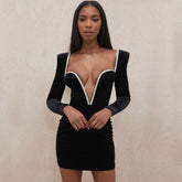 Glitzerndes Strass V-Ausschnitt Langarm Samt Party Minikleid - Schwarz